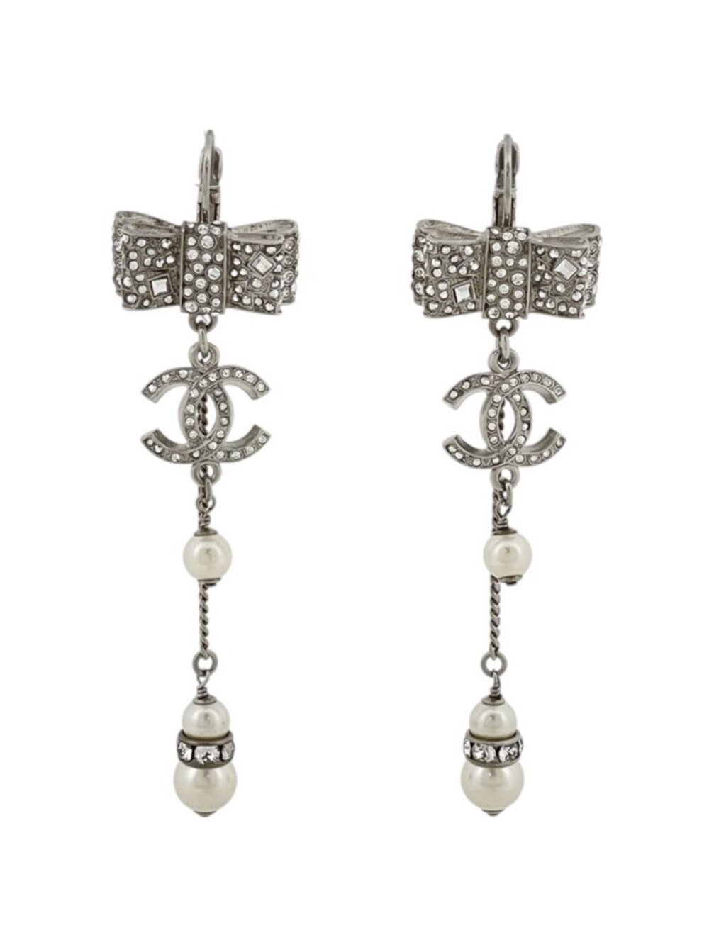 Chanel Earrings CC Logo Swing Faux Pearl Silver Plated